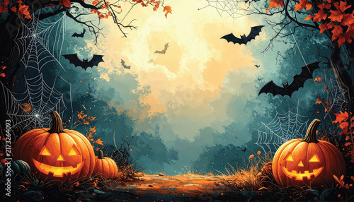 A Halloween scene featuring a large moon in the background, with pumpkins, spiders, cobwebs, and a flock of bats circling around