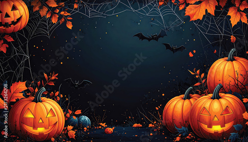 A Halloween scene featuring a large moon in the background, with pumpkins, spiders, cobwebs, and a flock of bats circling around