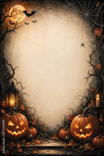 A Halloween scene featuring a large moon in the background, with pumpkins, spiders, cobwebs, and a flock of bats circling around