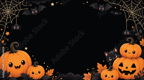 A Halloween scene featuring a large moon in the background, with pumpkins, spiders, cobwebs, and a flock of bats circling around