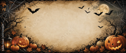A Halloween scene featuring a large moon in the background, with pumpkins, spiders, cobwebs, and a flock of bats circling around