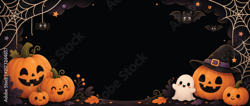 A Halloween scene featuring a large moon in the background, with pumpkins, spiders, cobwebs, and a flock of bats circling around