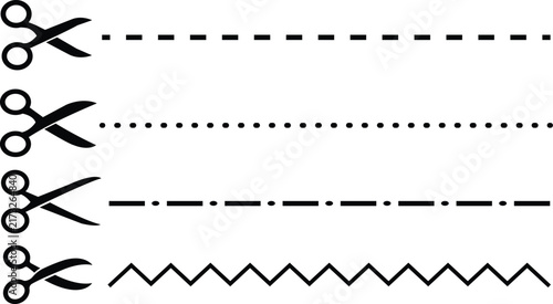 Scissors Cutting Decorative Dashed, Dotted, Dash-Dot, and Zigzag Lines, Craft Borders and Sewing Trim Illustration Isolated on White Background