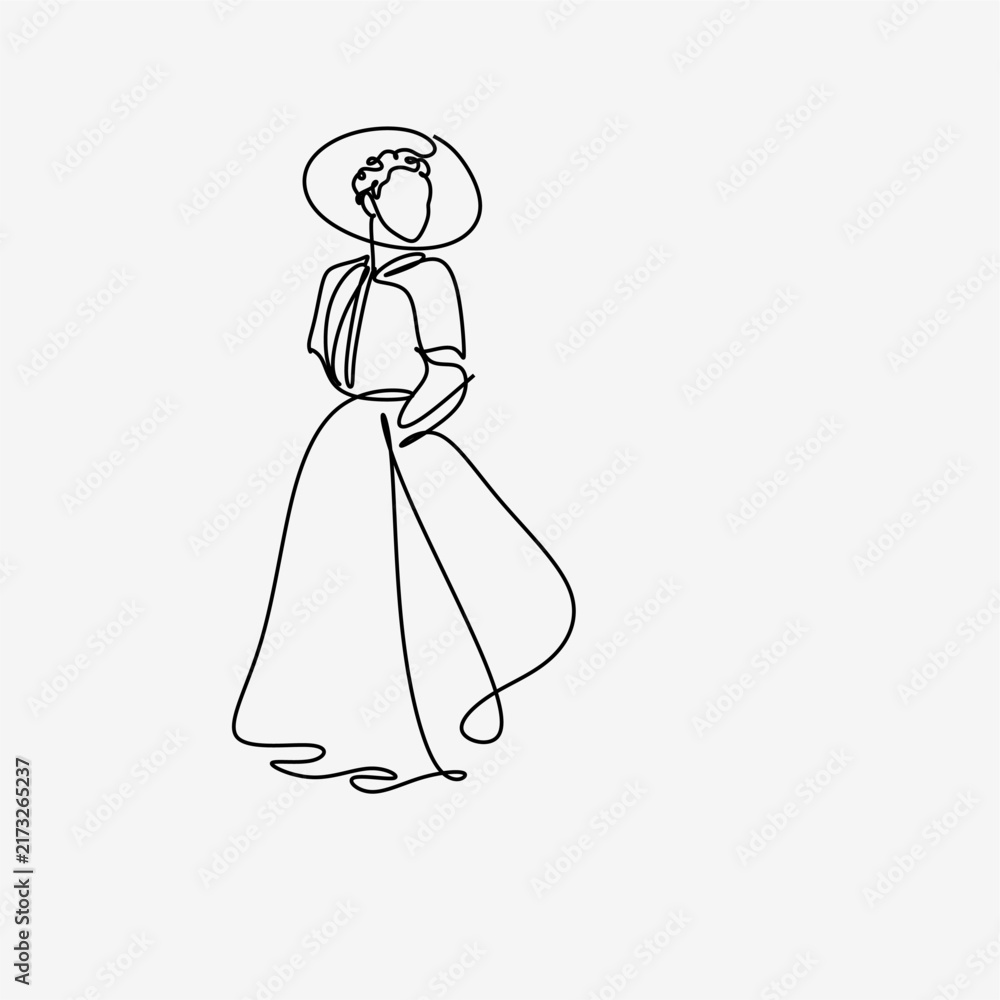 Fototapeta premium Elegant Woman Wearing Dress Line Art Illustration, Fashion Model Outline Drawing, Feminine Luxury Couture Style, Minimalist Fashion Design