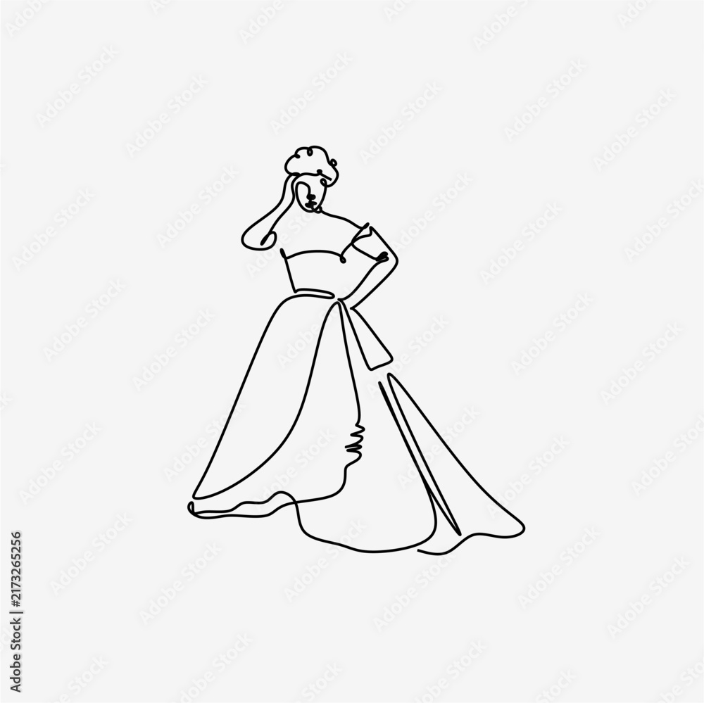 Fototapeta premium Elegant Woman Wearing Dress Line Art Illustration, Fashion Model Outline Drawing, Feminine Luxury Couture Style, Minimalist Fashion Design