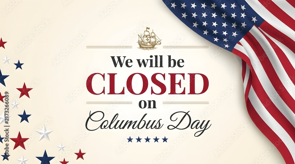 Obraz premium Columbus Day we will be closed banner with American flag and stars border