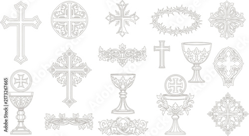 Fotografía Religious Christian symbols set, ornate church crosses and holy grail chalice ic