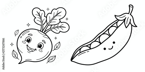 Cute cartoon beet and pea pod characters with happy faces in a simple black and white line art style