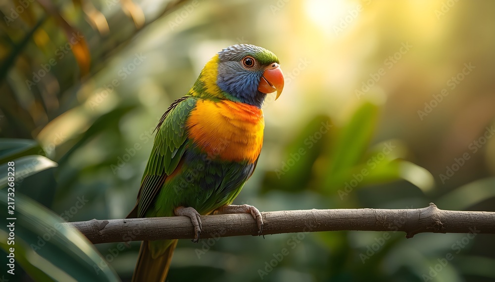 Obraz premium A colorful tropical parrot with green, yellow, blue, and orange plumage perched on a tree branch surrounded by lush foliage. Warm natural sunlight and soft bokeh create a peaceful exotic wildlife scen