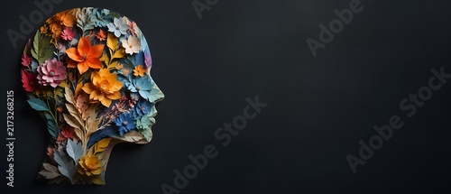 Abstract multi-layered paper cut human head profile silhouette filled with colorful flowers and leaves, premium mental health awareness and creativity brainstorming concept banner with dark copy space