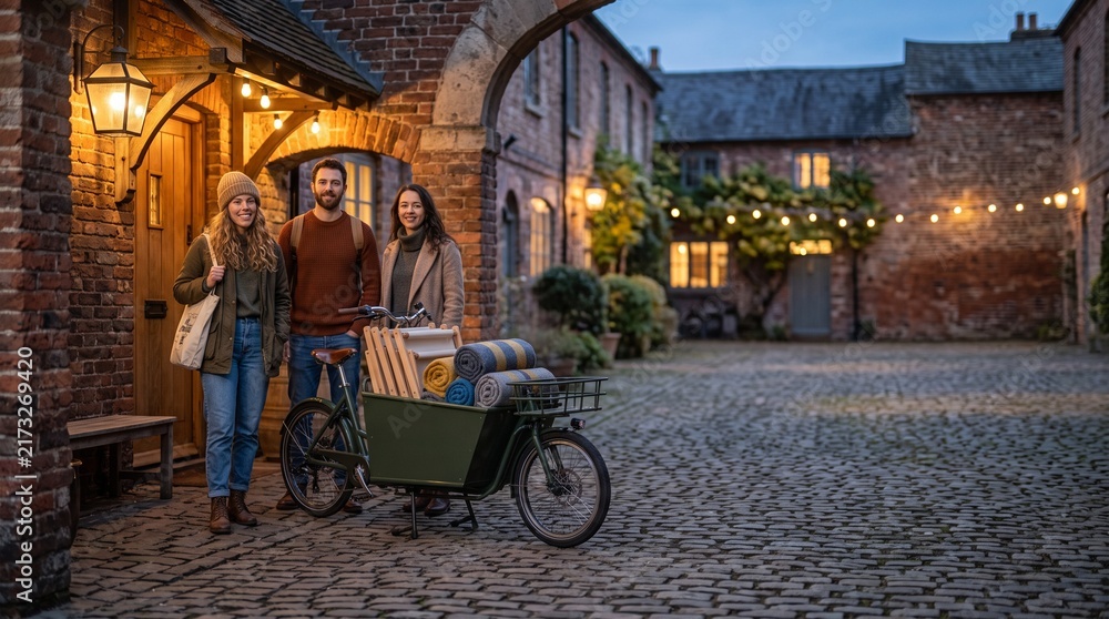 Obraz premium Friends arrive for a courtyard night gathering by cargo bike