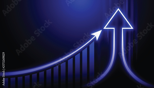 Cyber financial market growth chart background vector with glowing blue upward arrow and dark blue gradient.