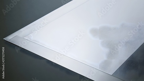 A close up angled view of a transparent plastic sleeve holding a microfiche sheet on a dark textured surface