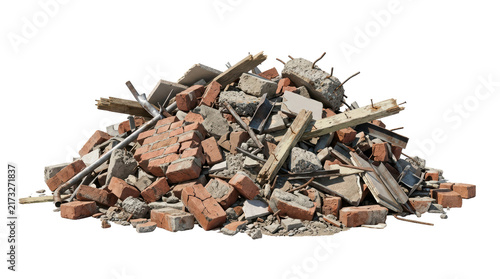 Pile of construction debris with bricks and concrete on transparent background for design projects and architectural planning