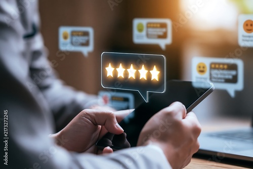 Closeup of a person using a smartphone to give a fivestar rating and positive feedback online