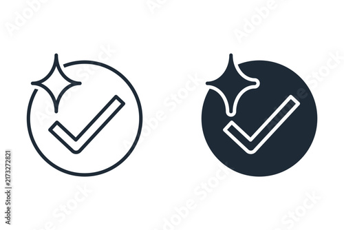 Vector icons set in outline and filled styles a check mark with AI sparks.Artificial intelligence approval, smart verification,automated task completion,success status,quality assurance,correct result
