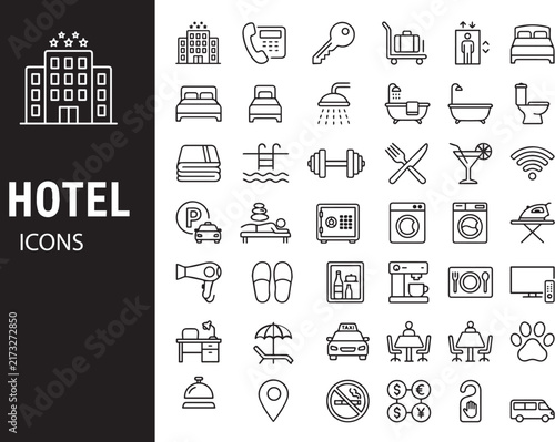 Hotel Line Icons Set – Room Service, Booking, Travel, Resort Amenities Editable Stroke Outline Vector

