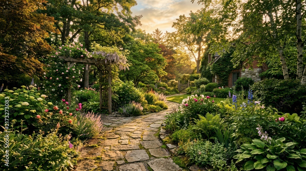 Fototapeta premium Scenic Garden Pathway Surrounded by Colorful Flowers Under Soft Sunset Light
