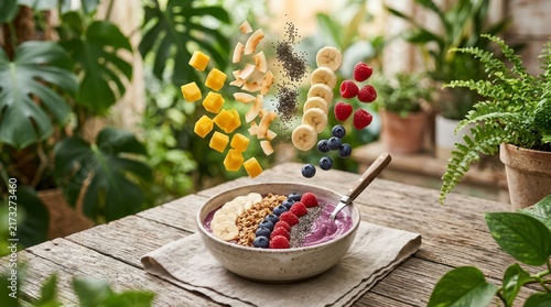 Vibrant Bowl of Granola Topped with Fresh Fruits and Berries on Wooden Table Surrounded by Lush Greenery