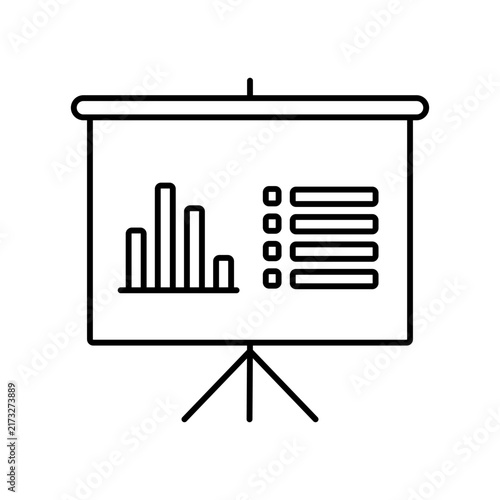 Minimalist Line Art Presentation Screen Icon Showing Bar Chart and Structured Text Summary for Business Overview and KPI Reporting
