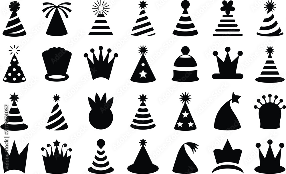 Fototapeta premium Party hats and royal crowns vector silhouettes set for festive birthday kids celebration