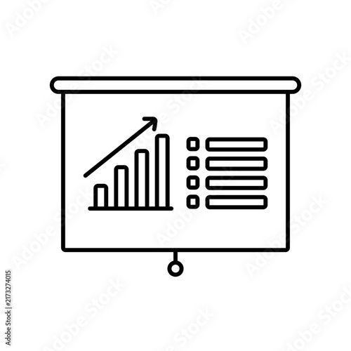 Minimalist Line Art Presentation Screen Icon Featuring Ascending Bar Graph and Text List for Corporate Strategy and Business Analytics