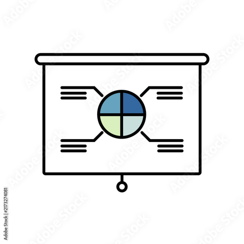 Minimalist Line Art Projector Screen Icon Displaying Divided Pie Chart and Data Text Lines for Business Statistics and Market Share Analysis