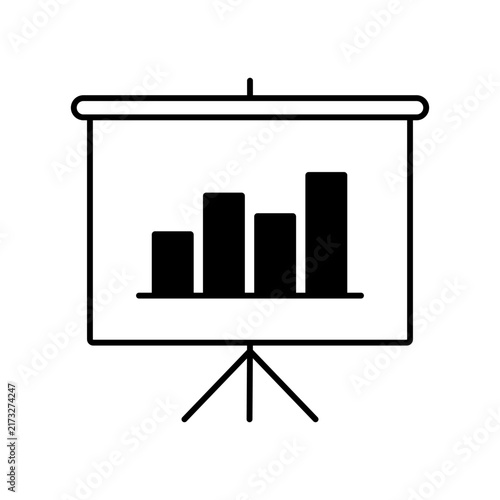 Minimalist Line Art Projector Screen Icon Showing Simple Bar Graph Data for Business Performance and Financial Reporting