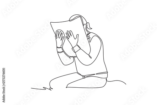 Mature woman screaming in pillow.Mental health concept.Single line draw design.Vector graphic illustration
