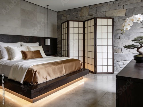 Minimalist Bedroom with Low Platform Bed and Textured Gray Feature Wall