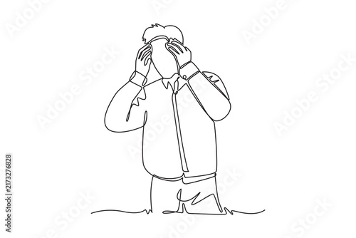 Stressed young man holding head with both hands.Mental health concept.Single line draw design.Vector graphic illustration