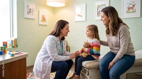 Pediatrician doctor examining a young girl patient sitting with her mother in a clinic office child patient mother and daughter caucasian