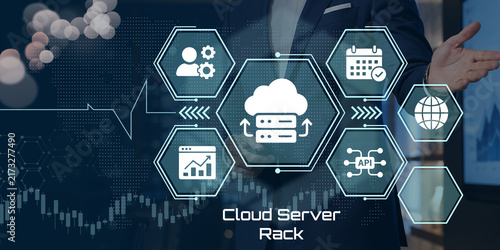 Plakat Cloud Server Rack with Data Center Infrastructure and Digital Technology Elements