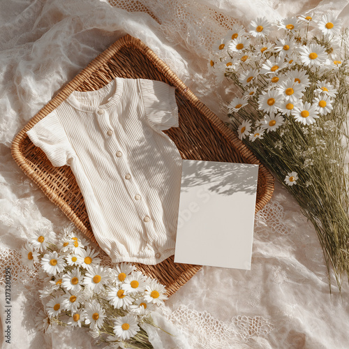 A cozy flat lay featuring a soft baby onesie, daisies, and a blank card on textured fabric.