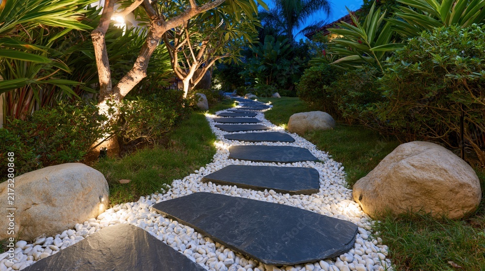 Naklejka premium The Stone Path Through Moonlit Tropical Garden Landscape Oasis Evening