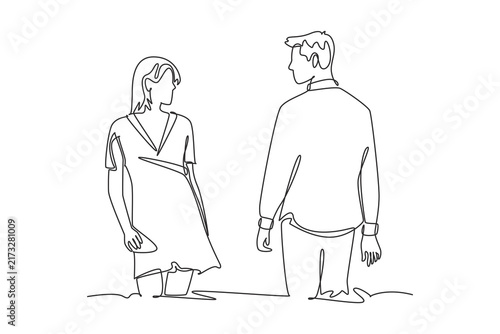 Love at first sight - a young couple met their eyes.Unexpected moment concept.Single line draw design.Vector graphic illustration