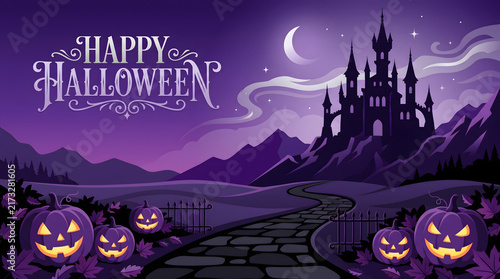 Happy halloween background with spooky castle and jackolanterns