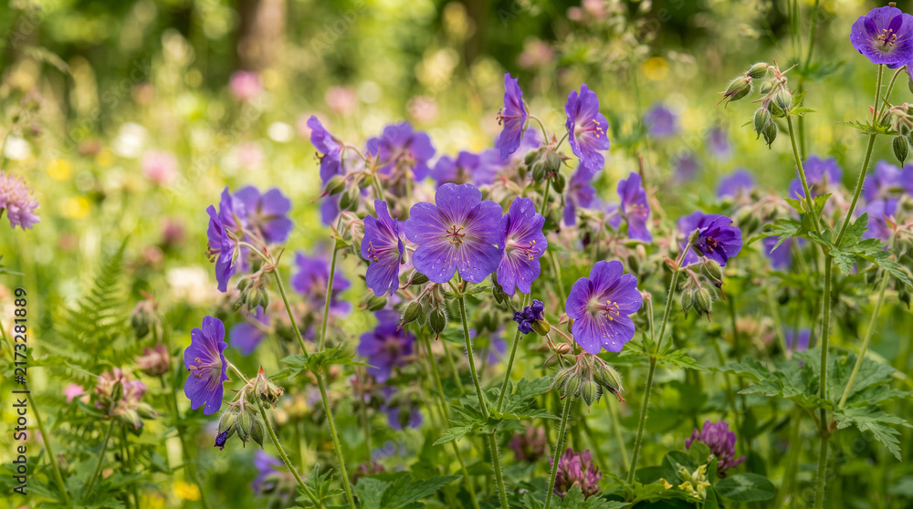 Fototapeta premium Violetas silvestres moradas cubiertas de gotas de rocío matutino floreciendo en un prado verde y soleado.