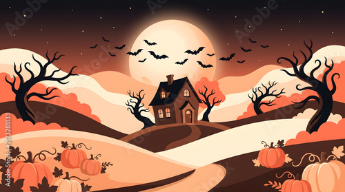 Spooky halloween landscape with haunted house, full moon, bats, and pumpkins