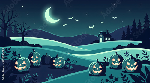 Spooky halloween landscape with glowing jackolanterns, crescent moon, and haunted house at night