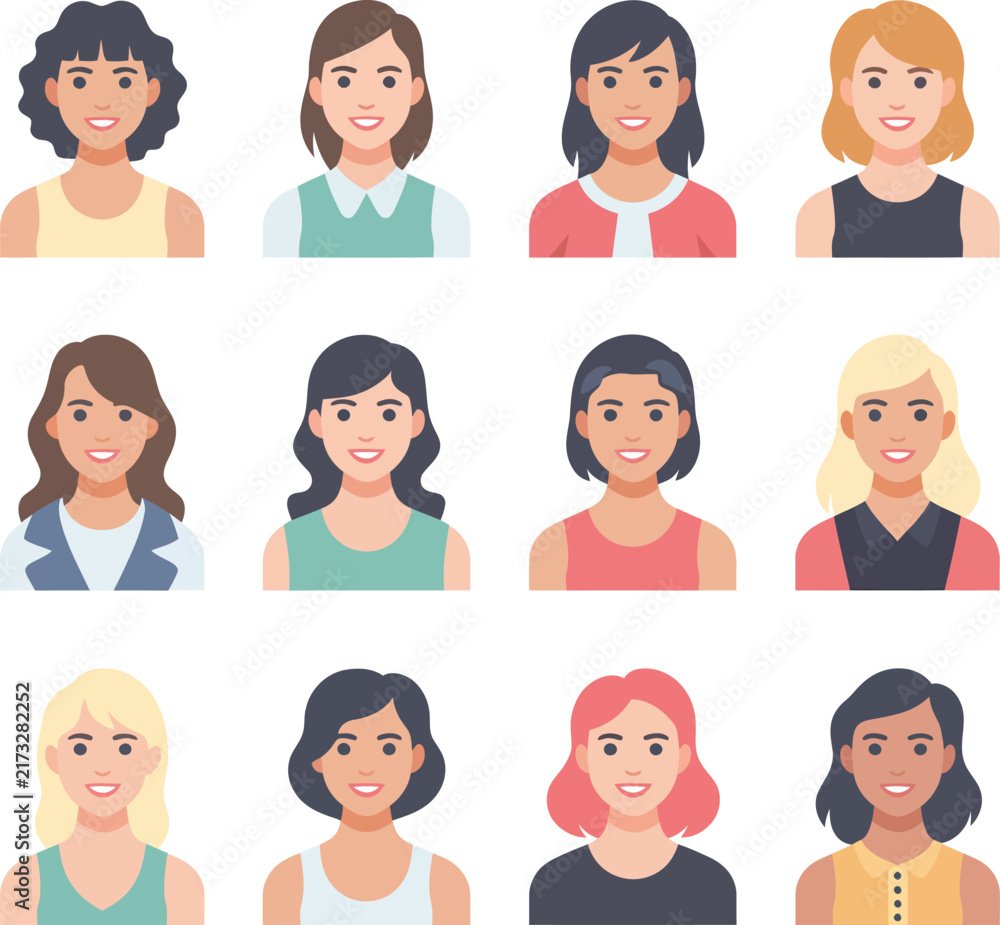 Fototapeta premium A diverse set of female avatars with various hairstyles