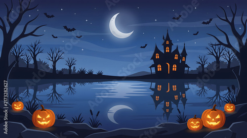 Spooky halloween landscape with haunted house, crescent moon, bats, and glowing jackolanterns