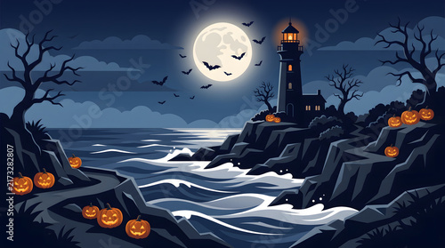 Spooky halloween lighthouse scene with full moon, bats, and glowing jackolanterns on rocky coast