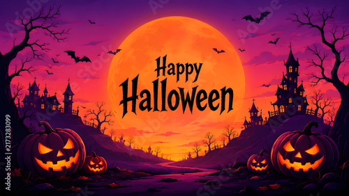 Spooky halloween landscape with haunted houses, glowing jackolanterns, and a large orange moon
