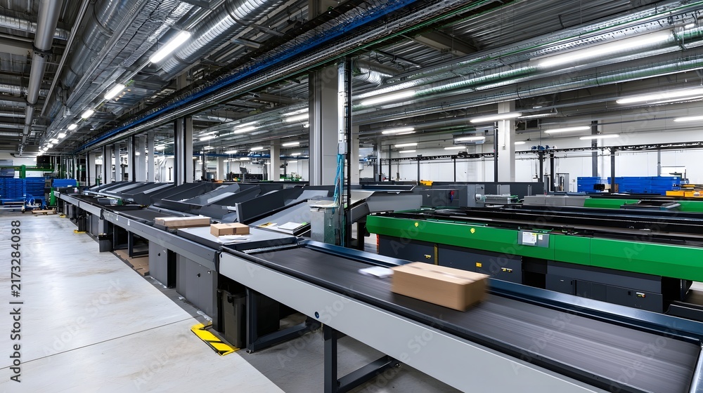 Naklejka premium Modern automated warehouse with conveyor belts transporting cardboard boxes through a clean industrial sorting facility