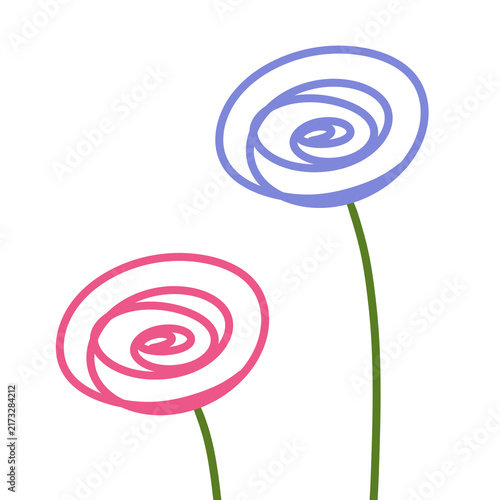 Pink and Lavender Flowers Hand Drawn Floral Line Art Illustration Isolated