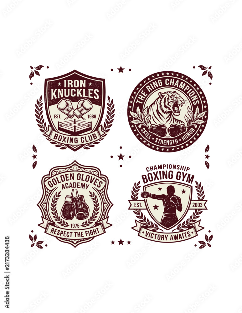 Fototapeta premium Vintage boxing club badges collection retro boxer emblem and gym logos vector illustration.