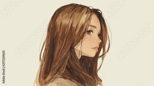Semi realistic anime portrait, long straight hair visible only near shoulders, soft brown shade, smooth shading, white minimal background