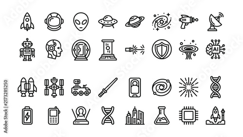 Bild auf Leinwand Sci-Fi and Space Exploration Line Icon Set, Futuristic Technology, AI, Astronomy