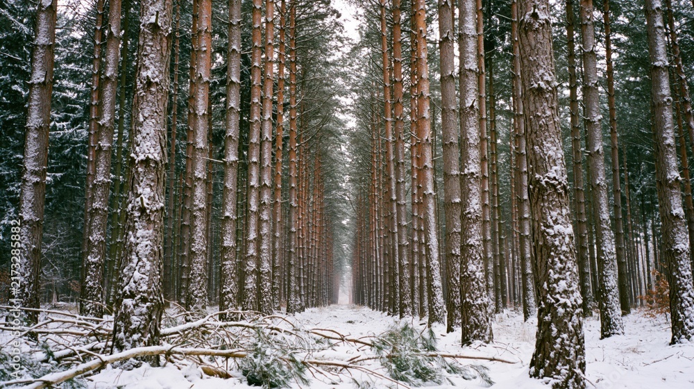 Naklejka premium The Snowy Pine Forest Path Framed by Tall Frosted Trees In Winter Light